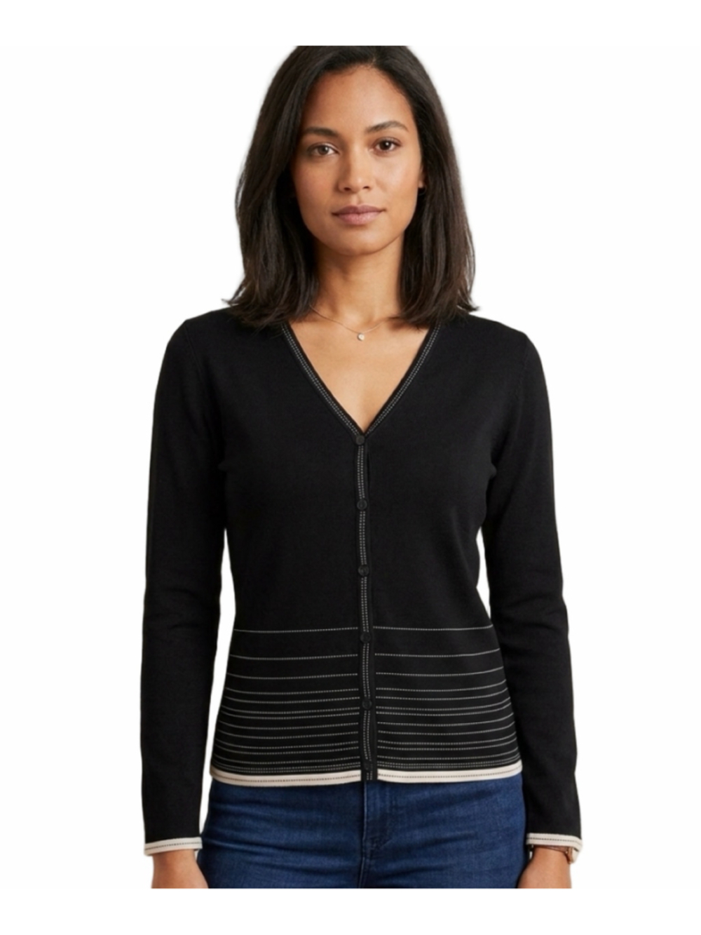 Women's Cleo light knit Cardigan Sweater XL Black Beige V-Neck Button Down 1829